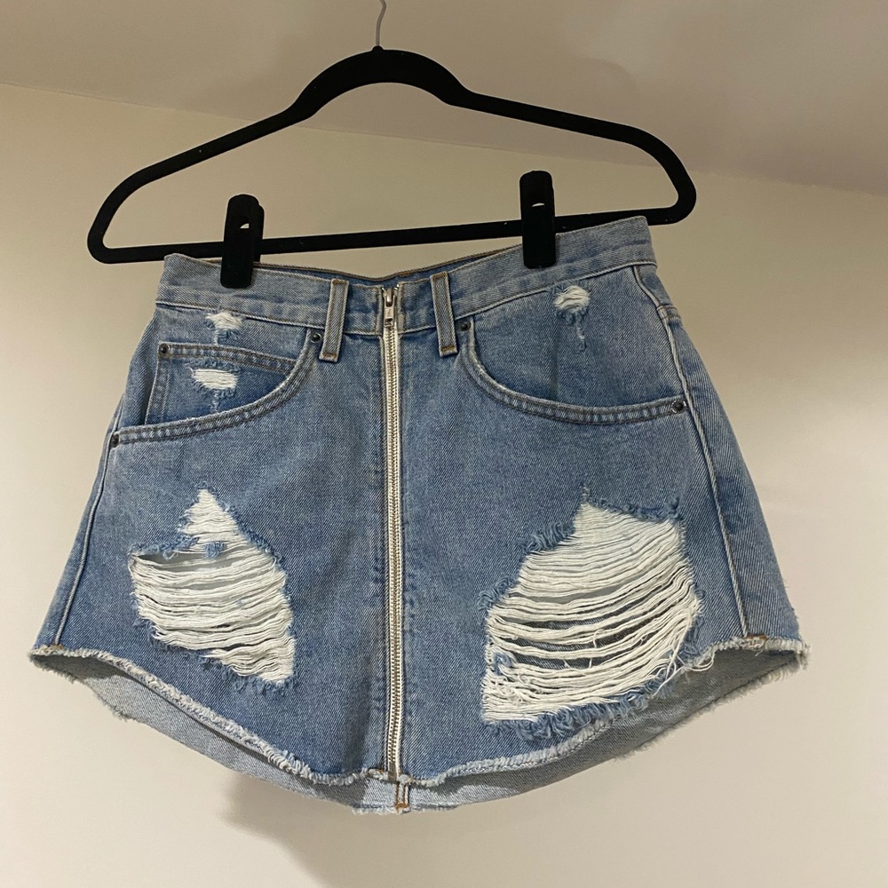 Carmar distressed jean mini skirt